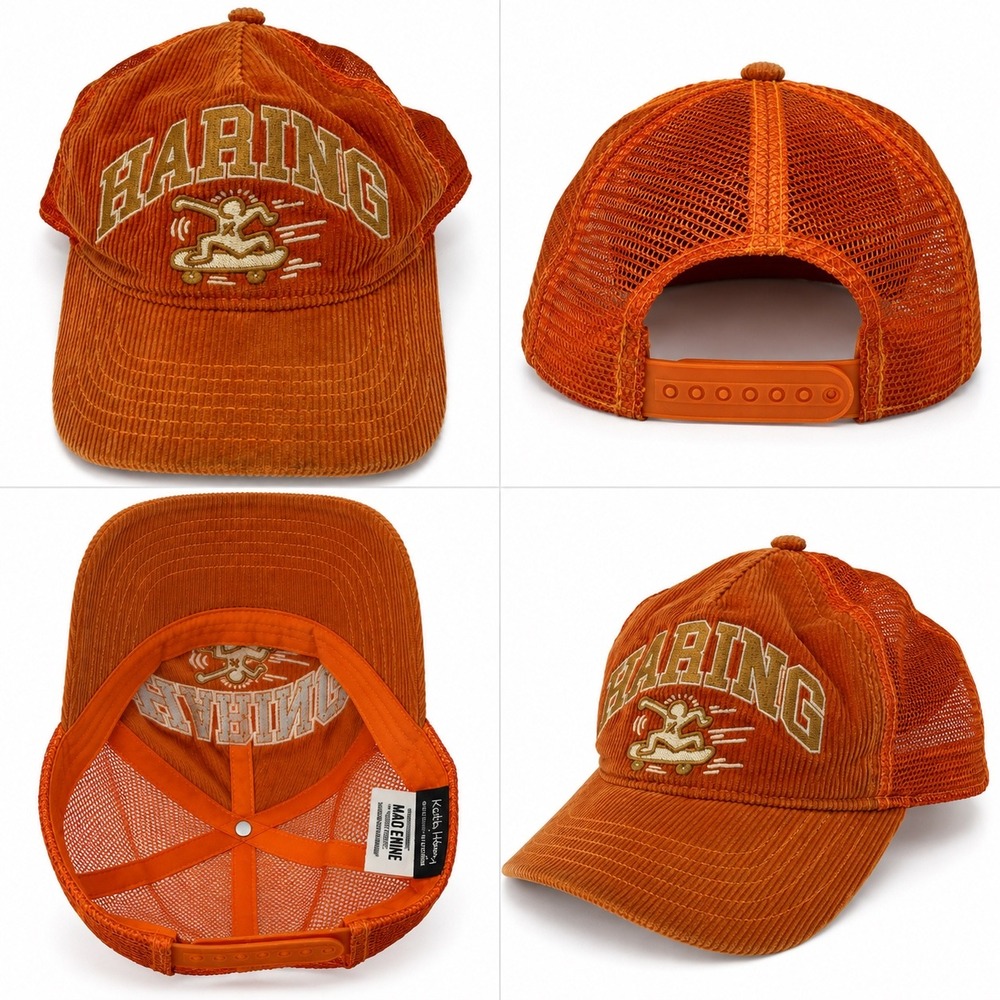 Keith Haring Mao Enine Orange Corduroy Mesh Snapback Trucker Hat Skateboarder